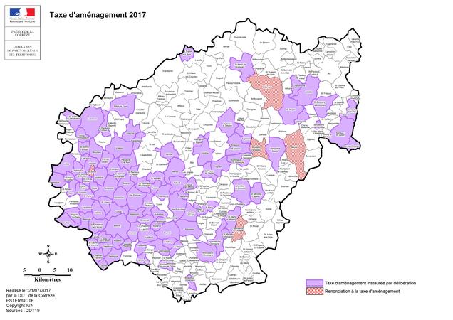 Carte de la taxe d'aménagement en Corrèze en 2017