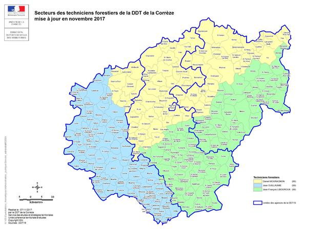 Carte des secteurs des techniciens forestiers de la DDT de la Corrèze