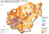 Carte de l'évolution des surfaces artificialisées de 2009 à 2015 en Corrèze